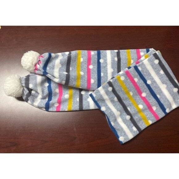 Cuddl Duds Women's Colorful Polka Dot Striped Scarf with Pom Poms - Picture 1 of 4